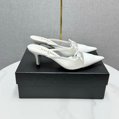 CC HEEL MULES 25S IN WHITE MESH FABRIC AND LAMBSKIN WITH BOW