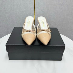 CC HEEL MULES 25S IN BEIGE MESH FABRIC AND LAMBSKIN WITH BOW