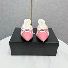 CC HEEL MULES 25S IN PINK AND WHITE LAMBSKIN WITH BOW