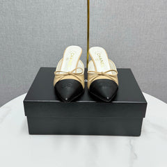 CC HEEL MULES 25S IN BLACK AND BEIGE LAMBSKIN WITH BOW