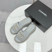 CC WEDGE SOLE SANDALS 25S IN DUSTY BLUE GREY FABRIC WITH LOGO