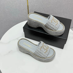 CC WEDGE SOLE SANDALS 25S IN DUSTY BLUE GREY FABRIC WITH LOGO