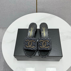 CC HIGH HEEL 25S IN BLACK DENIM STRIPED PATTERN WITH LOGO PRINT