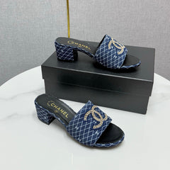 CC HIGH HEEL 25S IN DARK BLUE DENIM STRIPED PATTERN WITH LOGO PRINT