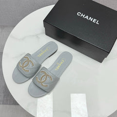 CC SLIDE SANDALS 25S IN DUSTY BLUE GREY CALFSKIN WITH LOGO