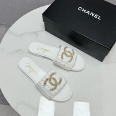 CC SLIDE SANDALS 25S IN WHITE FABRIC AND CALFSKIN WITH LOGO