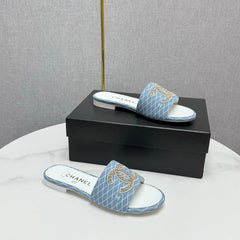 CC SLIDE SANDALS 25S IN SKY BLUE DENIM AND WHITE CALFSKIN WITH LOGO