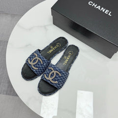 CC SLIDE SANDALS 25S IN DARK BLUE DENIM AND CALFSKIN WITH LOGO