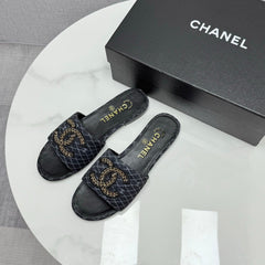 CC SLIDE SANDALS 25S IN BLACK DENIM AND CALFSKIN WITH LOGO