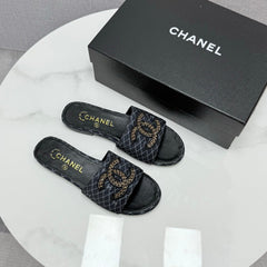 CC SLIDE SANDALS 25S IN BLACK DENIM AND CALFSKIN WITH LOGO
