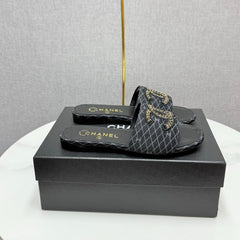 CC SLIDE SANDALS 25S IN BLACK DENIM AND CALFSKIN WITH LOGO