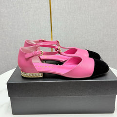CC MARY JANE 25S IN PINK LAMBSKIN AND BLACK SUEDE WITH PEARL HEEL