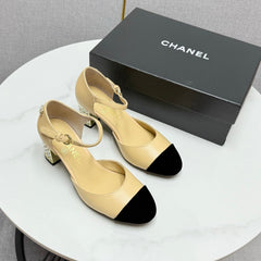 CC MARY JANE HEELS 25S IN BEIGE LAMBSKIN AND SUEDE WITH PEARL HEEL STYLE 6