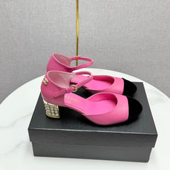 CC MARY JANE HEELS 25S IN PINK LAMBSKIN AND BLACK SUEDE WITH PEARL HEEL STYLE 8