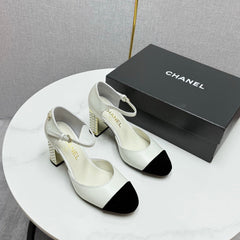 CC MARY JANE HEELS 25S IN WHITE LAMBSKIN AND BLACK SUEDE WITH PEARL HEEL STYLE 4
