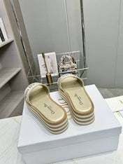 CD DWAY PLATFORM SLIDE IN SAGE GREEN AND WHITE COTTON STRIPED SOLE