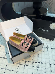 ESPADRILLES LOAFERS IN LIGHT PINK TWEED AND BLACK LAMBSKIN