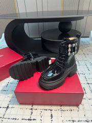 VIV' RANGERS ANKLE BOOTS IN BLACK PATENT LAMBSKIN STRASS BUCKLE