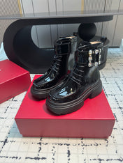 VIV' RANGERS ANKLE BOOTS IN BLACK PATENT LAMBSKIN STRASS BUCKLE