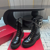 VIV' RANGERS STRASS BUCKLE BOOTS IN BLACK PATNET CALFSKIN EMBELLISHED BUCKLE