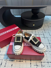 VIV' GO-THICK STRASS BUCKLE SLIP-ON SNEAKERS IN BLACK CANVAS