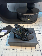 HIGH HEEL SANDALS WITH SHINY RHINESTONES STRAP IN BLACK SILK