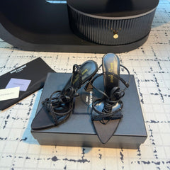 HIGH HEEL SANDALS WITH SHINY RHINESTONES STRAP IN BLACK SILK