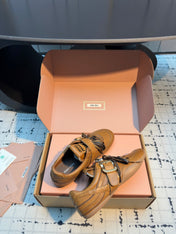 MIUMIU 26S LACE UP SNEAKERS IN BROWN CALFSKIN BUCKLE STRAP DETAIL