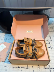 MIUMIU 26S LACE UP SNEAKERS IN BROWN CALFSKIN BUCKLE STRAP DETAIL
