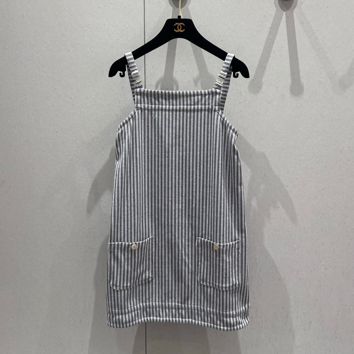 CC 25 Striped Suspender Skirt Gray White Cotton