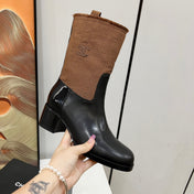 HIGH BOOTS 5.5 CM IN BLACK LAMBSKIN AND CHOCOLATE BROWN FABRIC