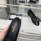 CHANEL 25S ROUND TOE BALLET FLATS WITH A BOW IN SPARKLING BLACK CANVAS