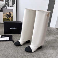 CHANEL 25S HIGH BOOTS 55MM IN IVORY BLACK CALFSKIN AND CANVAS GOLD HARDWRE