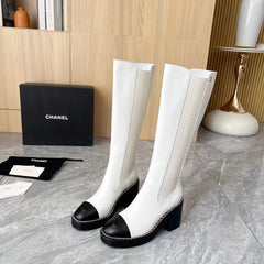 CHANEL 25S HIGH BOOTS STRETCHY SHAFT 85MM IN WHITE MIX BLACK CALFSKIN GOLD HARDWRE