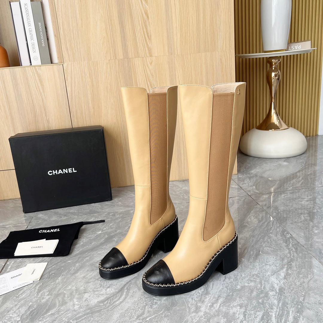 CHANEL 25S HIGH BOOTS STRETCHY SHAFT 85MM IN LIGHT BROWN CALFSKIN GOLD HARDWRE