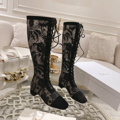 NAUGHTILY-D BOOT BLACK TRANSPARENT MESH AND SUEDE EMBROIDERED WITH ROSES MOTIF 35 MM