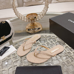 Double CC Rhinestone Flip  Flop Thongs Beige Cream Sheepskin