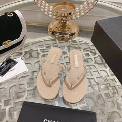 Double CC Rhinestone Flip  Flop Thongs Beige Cream Sheepskin