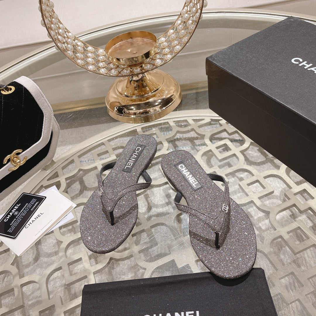 Double CC Rhinestone Flip  Flop Thongs Dark Gray Sheepskin