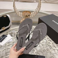 Double CC Rhinestone Flip  Flop Thongs Dark Gray Sheepskin