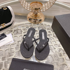 Double CC Rhinestone Flip  Flop Thongs Black Sheepskin