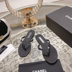 Double CC Rhinestone Flip  Flop Thongs Black Sheepskin