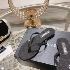 Double CC Rhinestone Flip  Flop Thongs Black Sheepskin