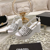 WEDGE SANDALS IN BLACK MIX WHITE FABRIC WITH LOGO