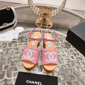 WEDGE SANDALS IN LIGHT PINK LAMBSKIN WITH LOGO