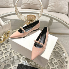 SUZY POINTY TOE BALLERINA IN BLUSH PINK PATENT CALFSKIN