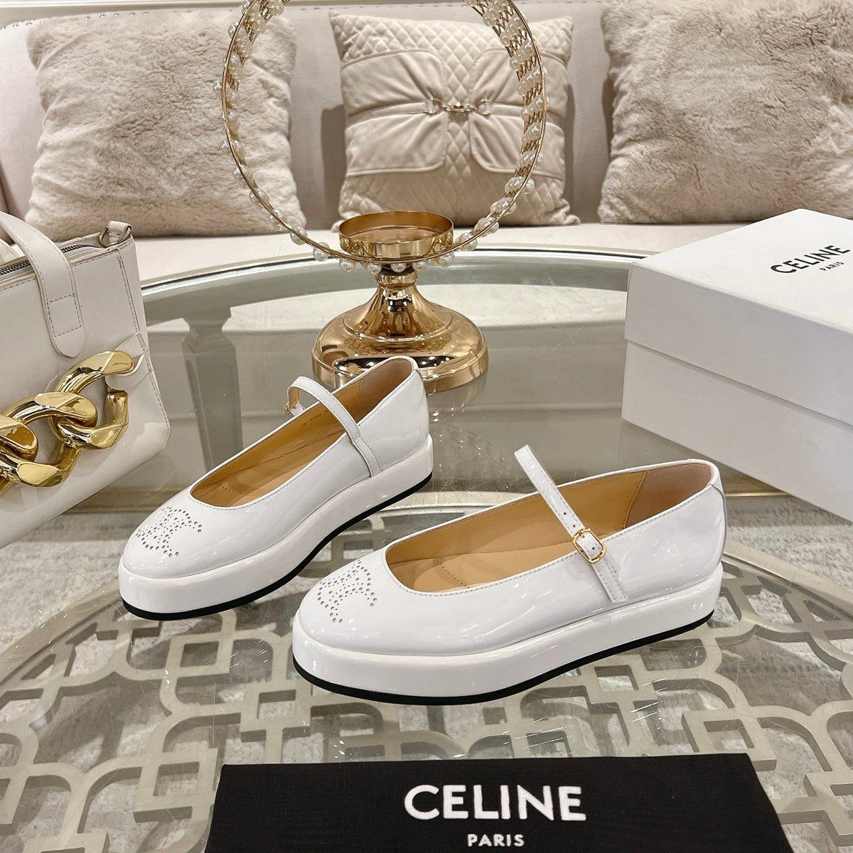 CLARA WEDGE MARY-JANE BALLERINA IN WHITE PATENT CALFSKIN