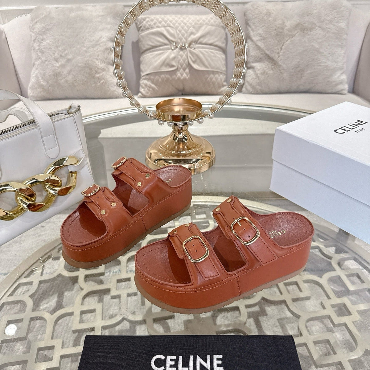 POLLY WEDGE MULE IN TAN BROWN SHINY CALFSKIN