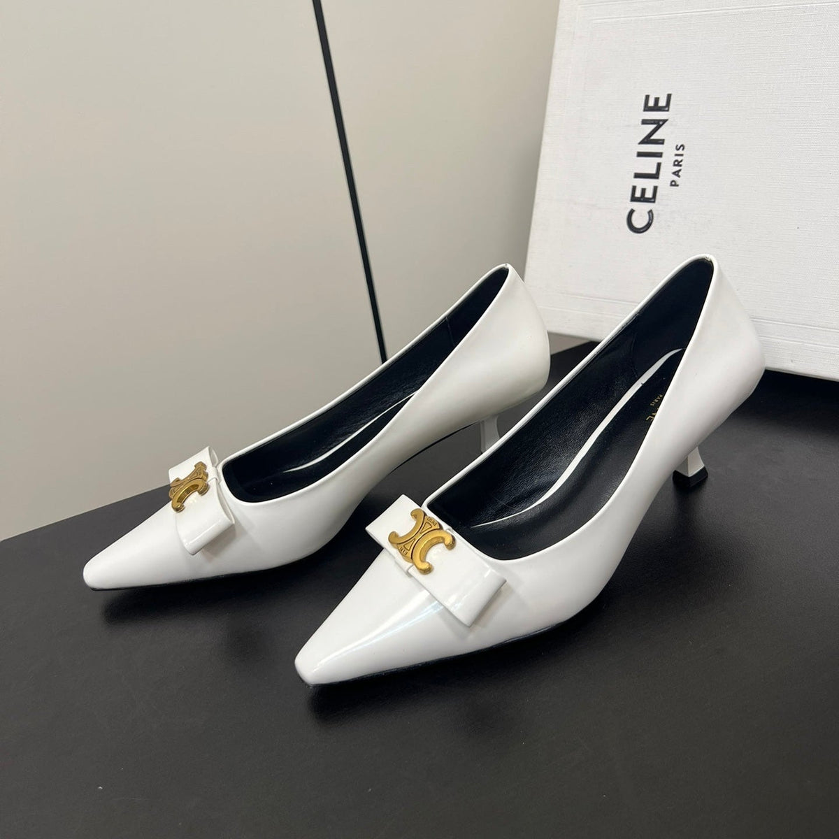 TRIOMPHE POINTED-TOE HIGH PUMPS IN WHITE SHINY CALFSKIN