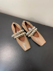 ALAIA BALLET FLATS IN ALMOND BEIGE GLOSSY CALFSKIN WITH SILVER HARDWARE
